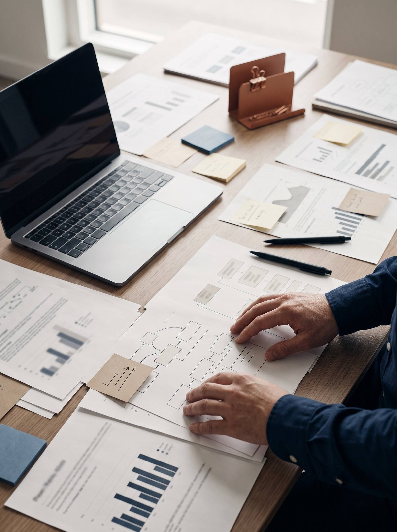 Documents, schémas de process et notes étalés sur un bureau