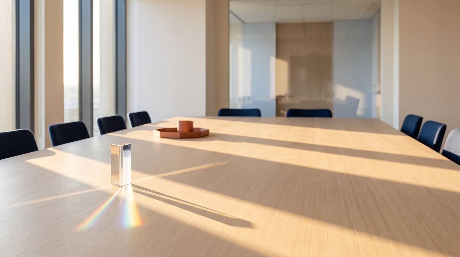 Salle de réunion traversée par la lumière, un prisme posé sur la table